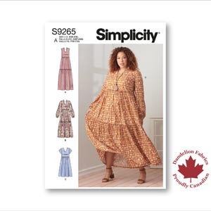 May include: Simplicity sewing pattern S9265 for a maxi dress with three different style variations. The pattern includes instructions for sizes XS-XXL. The pattern is illustrated with a model wearing a floral print maxi dress.