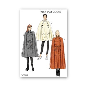 Pode incluir: Um padrão de costura para uma capa com três estilos diferentes. O padrão chama-se "Very Easy Vogue" e o número do padrão é V9288. A capa é mostrada em três cores diferentes: branco, preto e branco xadrez, e laranja.