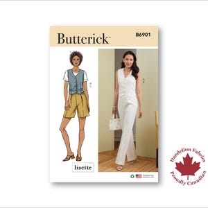 Könnte beinhalten: Ein Butterick-Schnittmuster, B6901, mit zwei Damenmode-Designs. Ein Model trägt eine blaue Weste, ein weißes T-Shirt und gelbe Shorts. Das andere Model trägt eine weiße Weste und eine passende Hose. Das Muster enthält den Text "lisette".