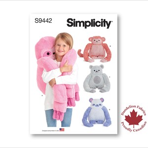 May include: Simplicity sewing pattern S9442 for making plush toys. The pattern includes instructions for making a sloth, a monkey, and two different panda bears. The pattern is printed on white paper with a red and white Canadian flag logo.