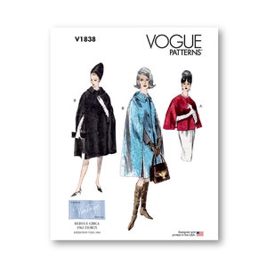 1960s Cape Pattern- Vogue Pattern- Lined, optional collar, slashed arm openings, button and length variations- Sizes S-XXL- V1838