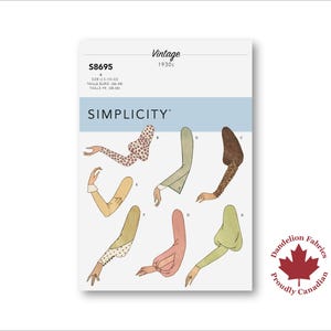 May include: A vintage Simplicity sewing pattern, S8695, featuring illustrations of various sleeve styles. The pattern includes a variety of sleeve designs, including bell sleeves and patterned sleeves. The package has a blue banner with the Simplicity logo and the text "Vintage 1930s".