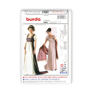 May include: Burda sewing pattern number 2493 for a Josephine dress. The pattern includes instructions for a long white dress with a burgundy bodice, a long pink dress with a shawl, and a shorter white dress with a shawl. The pattern includes seam and hem allowances.