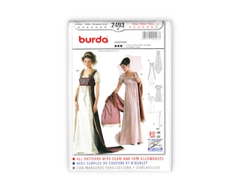 Vestido Regencia - Patrón Burda - Cuerpo imperio ajustado con mangas fruncidas y falda recta, pelliza y chal - Tallas 10-22 - Burda 2493
