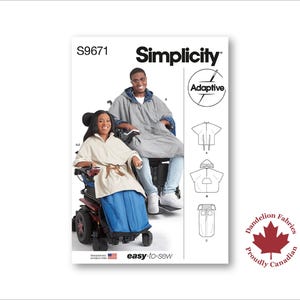 Poncho Wheelchair Blanket- Simplicity Pattern- Adaptive design, lined, loose fit, covers shoulders, zipper opening, pocket- Sizes S-L- S9671