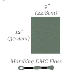 May include: A 9" x 12" piece of fabric in a dark green color. The fabric is shown with a spool of matching DMC floss for hand sewing. The fabric measures 22.8 cm x 30.4 cm.