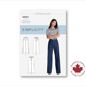 May include: A Simplicity sewing pattern for a pair of wide-leg trousers, with a model wearing the finished trousers. The pattern number is S8701, and the size is H, for sizes UK 14-16, EU 30-40, and FR 34-42.