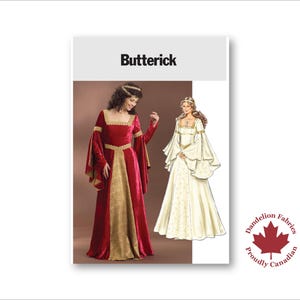 May include: A Butterick sewing pattern showing illustrations of medieval gowns. One is red with gold detailing, the other white with long sleeves. The Dandelion Fabrics logo is in the lower right corner.