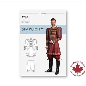 May include: Simplicity costume pattern S9095 featuring a Renaissance-style outfit. The pattern includes a drawing of the costume and a photo of a person wearing the costume. The costume is burgundy with gold accents and black boots. The Dandelion Fabrics logo is in the corner.