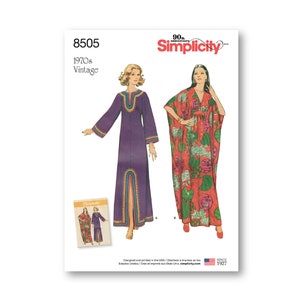 May include: A vintage sewing pattern for a long, flowing dress with a V-neckline and long sleeves. The pattern is from Simplicity and is for size 8505. The dress is shown in two different colours, purple and red with floral print.