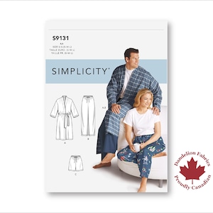 Robe and Pajamas- Simplicity Pattern- Bath robe with tie closure, choice of pajama pants/shorts with drawstring waist- Sizes S-XXXL- S9131