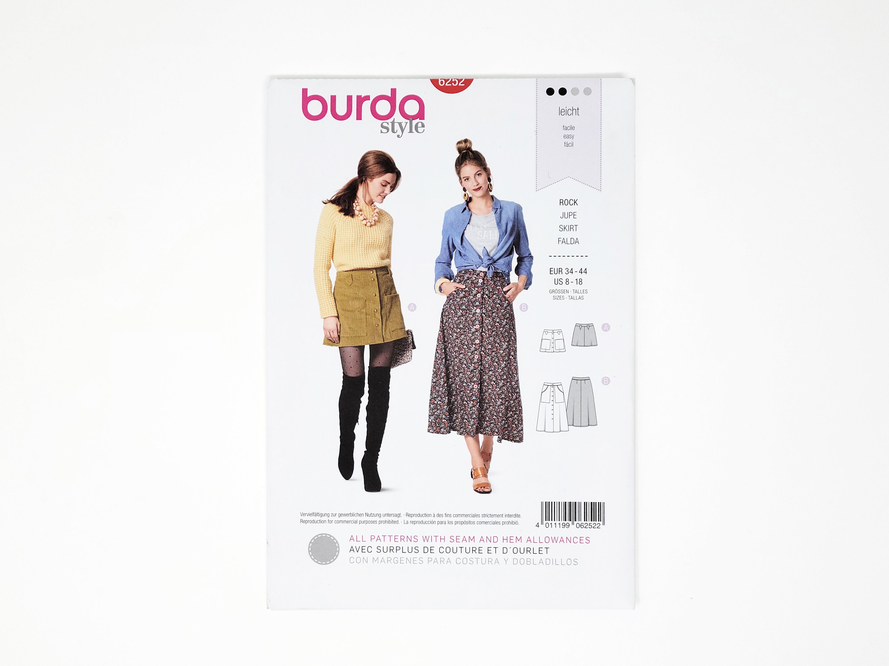 Patron de jupe trapeze Patron Burda Jupe avec fermeture boutonnee sur le devant variations de poches longueur mini ou midi Tailles 8 18 6252 Etsy France
