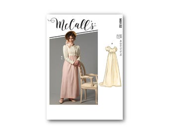 Regency Dress Pattern- McCall's Pattern- Gathered empire waist, straight skirt, optional train, cap sleeves, and Spencer- Sizes 6-22- M8132