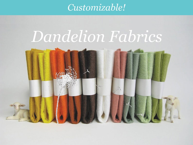 May include: Assortment of 10 felt fabric squares in various colors, including yellow, orange, brown, white, pink, green, and light green. The felt squares are stacked and tied with white ribbon. The text "Dandelion Fabrics" is written in white on a light gray background.
