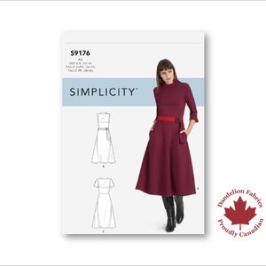 May include: A Simplicity sewing pattern, S9176, showing a burgundy dress with a red belt and black boots. The pattern includes line drawings of the dress and the Simplicity logo. The image also includes the Dandelion Fabrics logo.
