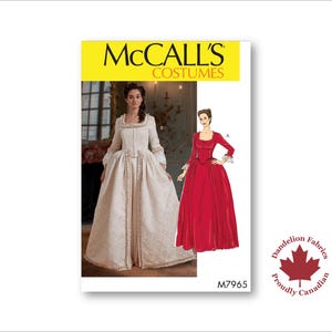 May include: McCall's Costumes pattern featuring two historical gowns. One gown is a cream-colored, floor-length dress with decorative trim. The other is a red gown with long sleeves. The pattern includes the text "M7965".