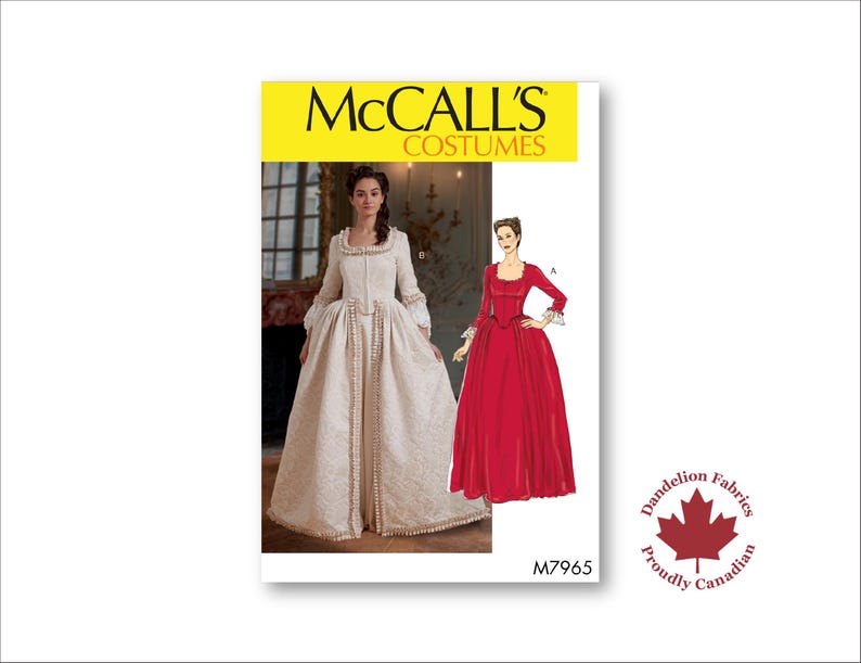 May include: McCall's Costumes pattern featuring two historical gowns. One gown is a cream-colored, floor-length dress with decorative trim. The other is a red gown with long sleeves. The pattern includes the text "M7965".