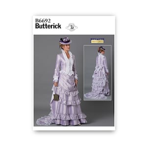 May include: A vintage sewing pattern for a Victorian-style dress with a long train and a fitted bodice. The pattern is from Butterick and is labeled B6692. The dress is shown in a light purple color with white lace trim.