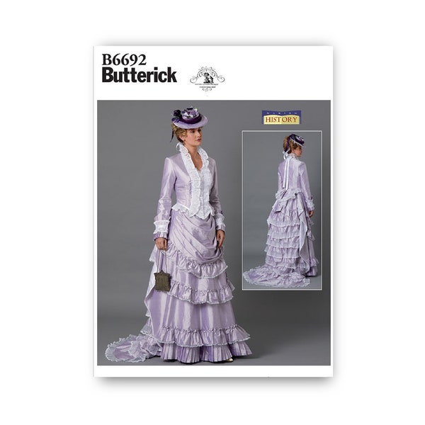 Victorian Dress Pattern- Butterick Making History- Fitted bodice, front button closure, tiered bustle skirt with train- Sizes 6-22- B6692