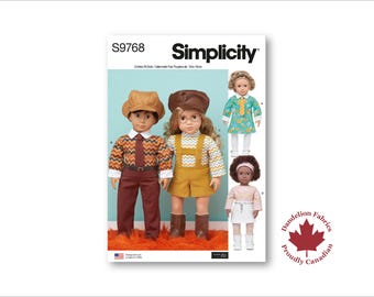 May include: Simplicity sewing pattern S9768 for doll clothes. The pattern features illustrations of dolls in various outfits, including a brown cap, patterned shirt, and brown pants. The pattern also includes a doll in a yellow jumper and a doll in a floral dress.