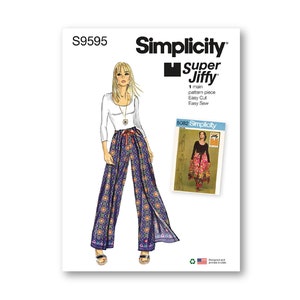 May include: Simplicity sewing pattern S9595 for a pair of wide-legged pants with a wrap-style front. The pattern includes a white top with a scoop neck and a long necklace. The pants are printed with a colorful floral pattern.