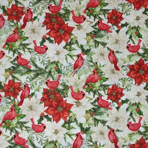 May include: A white background with a repeating pattern of red robins, poinsettias, and white flowers. The robins are in various poses, some are flying, some are perched, and some are singing. The poinsettias are in full bloom and the white flowers are delicate and dainty.