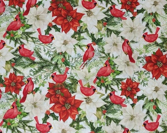 Cardinal Poinsettia Cotton Fabric- 100% Cotton Plain Weave- Printed Quilting Cotton- Broadcloth
