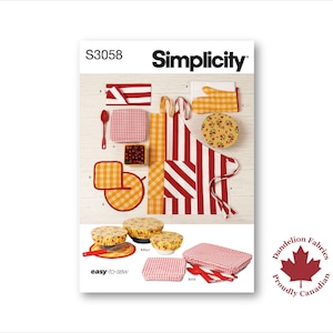 May include: Simplicity sewing pattern S3058 featuring kitchen accessories. The image shows an apron, oven mitt, pot holders, and bowl covers in red and white stripes, and red and yellow gingham patterns. The text "easy-to-sew" is visible.
