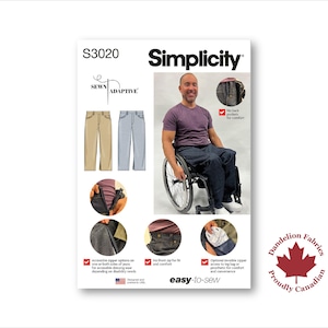 Adaptive Pant- Simplicity Pattern- Designed for seated position, zippers on side seams, no front fly, leg zipper option- Sizes 34-52- S3020