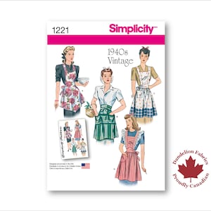 1940er Jahre Schürzenmuster- Einfachheitsmuster- 4 verschiedene Stile mit Latz, Taschen, Rüschen, Raffhalter und Crossover-Rücken- Größen S-L- 1221