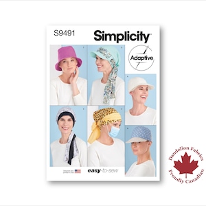 Puede incluir: Patrón de costura Simplicity S9491 con varios sombreros y cubrecabezas adaptables. La imagen muestra una variedad de estilos, incluyendo un sombrero de pescador, una visera y pañuelos. El patrón está diseñado para coser fácilmente e incluye el texto "easy-to-sew".