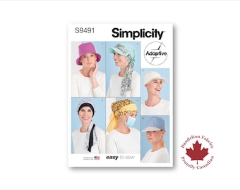 May include: Simplicity sewing pattern S9491 featuring various adaptive hats and head coverings. The image shows a variety of styles, including a bucket hat, visor, and headscarves. The pattern is designed for easy sewing and includes the text "easy-to-sew".