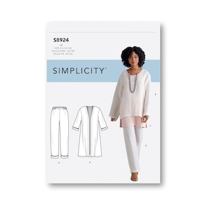 Könnte beinhalten: Ein Simplicity-Schnittmuster für eine lange, lockere Tunika und eine Hose. Die Schnittmuster-Nummer lautet S8924. Das Schnittmuster ist für die Größen US 18-24, EU 42-50 und FR 44-52.