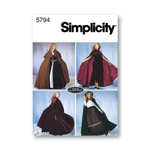 Op de afbeelding: Simplicity naaipatroon nummer 5794 voor een cape. Het patroon toont vier verschillende stijlen van capes in bruin, bordeauxrood en groen. De capes worden getoond op modellen die verschillende jurken en rokken dragen.