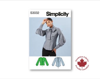 Blouse with Bow- Simplicity Pattern- Button front closure, floppy bow option and gathered/balloon sleeve variations- Sizes 8-26- S3032