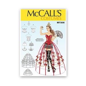 May include: McCall's Costumes sewing pattern M7306 for a red and black corset and a large hoop skirt with red bows. The pattern includes instructions for making a corset, a hoop skirt, and a variety of other accessories.