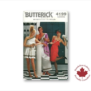 May include: A Butterick 4199 sewing pattern envelope featuring three individuals in costumes. One wears a white one-shoulder tunic, another a white toga with a purple sash, and the third a red dress with fringe. The background shows a column.