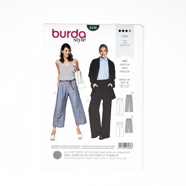 Modèle de pantalon à plis - Modèle Burda - Pantalon large à plis avec poches et braguette à glissière - Tailles 8-18-6436