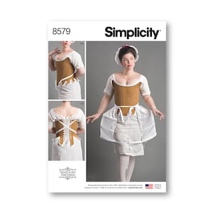 May include: Simplicity sewing pattern number 8579 for a corset. The pattern includes instructions and diagrams for making a corset with a boned bodice and a lace-up back. The pattern is for sizes 12-20.