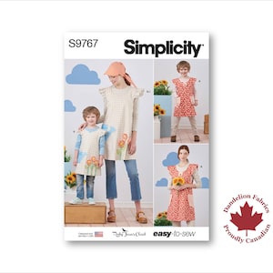 May include: Simplicity sewing pattern S9767 for a girl's and child's dress with a ruffle trim and pockets. The pattern includes a red and white floral print dress, a yellow and white gingham dress, and a pink and white gingham dress. The pattern is easy-to-sew and proudly Canadian.