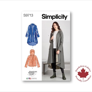 Rain Coat Pattern- Simplicity Pattern- Lined, hooded, pockets with flaps, snap closure, three lengths, hem longer at back- Sizes 8-26- S9713