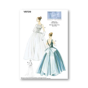 Ballkleidmuster - Vogue-Muster - Quadratischer Ausschnitt, fallengelassene Taille, zurückgebundenes Oberteil und voll versammelter Rock - Neuauflage von 1956 - Größen 6-20 - V8729
