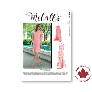 May include: McCall's sewing pattern M8053 featuring a pink dress. The pattern includes multiple view options with simple instructions. The image also includes the text "#AnneMcCalls" and a "Dandelion Fabrics" logo.