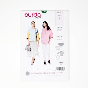 Sweatshirt pattern- Burda Pattern- Sweatshirt with contrasting panels and in-seam pockets, 3/4 length or long sleeves- Sizes 8-18- 6203