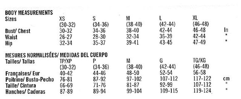 Pode incluir: Um gr&aacute;fico branco com texto preto detalhando as medidas corporais para tamanhos de roupas. As medidas s&atilde;o fornecidas em cent&iacute;metros para busto/peito, cintura e quadril, variando de XS a XL. O gr&aacute;fico tamb&eacute;m inclui equivalentes de tamanhos franceses e espanh&oacute;is.