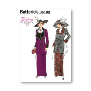 May include: A vintage sewing pattern for a woman's suit. The pattern is from Butterick and is number B6108. The pattern is for a two-piece suit with a jacket and skirt. The jacket has a collar and a long sleeve. The skirt is a plaid pattern. The pattern is from the Retro Butterick collection.