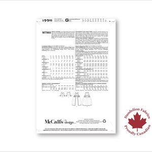 May include: A white sewing pattern envelope with the text "M7965" and detailed instructions. The envelope features a diagram of a dress and a logo that says "Dandelion Fabrics Proudly Canadian".