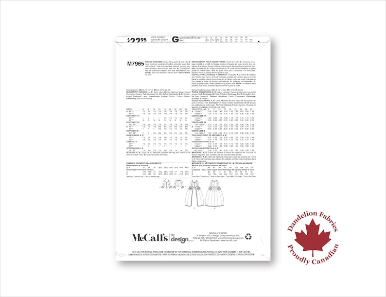 May include: A white sewing pattern envelope with the text "M7965" and detailed instructions. The envelope features a diagram of a dress and a logo that says "Dandelion Fabrics Proudly Canadian".