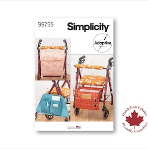 Może przedstawiać: Wzór szycia Simplicity S9725 dla akcesoriów do chodzików adaptacyjnych. Wzór zawiera instrukcje dotyczące tworzenia różnych toreb i pokrowców na siedzenia do chodzików w różnych kolorach i wzorach. Obraz przedstawia przykłady gotowych produktów.