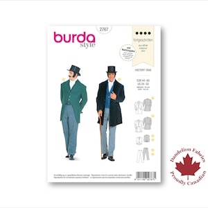 May include: A Burda Style sewing pattern featuring historical men's clothing designs. The pattern includes illustrations of a green tailcoat, a black coat, and other garments. The text on the pattern reads "HISTORY 1848" and includes size information.